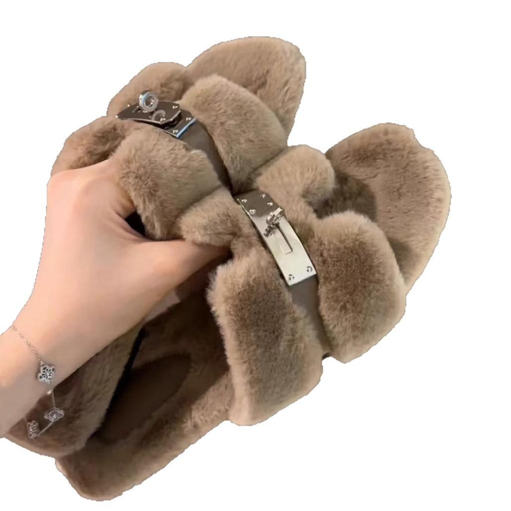 Internet Celebrity Fluffy Slippers Women Wear 2025 Autumn and Winter New Thick Bottom One-word Drag Small Fragrant Trend Plush Slippers