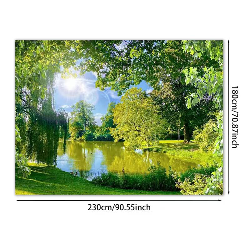 2D Flat Printing Summer Park Lake Tapestry, Green Nature Landscape Wall Decor