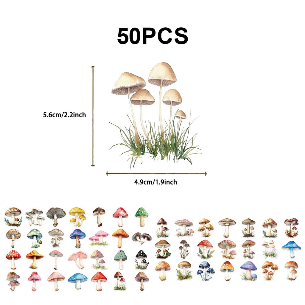 50Pcs Transparent Cartoon Mushroom Stickers PET Material Waterproof Decor for Journal Scrapbooking