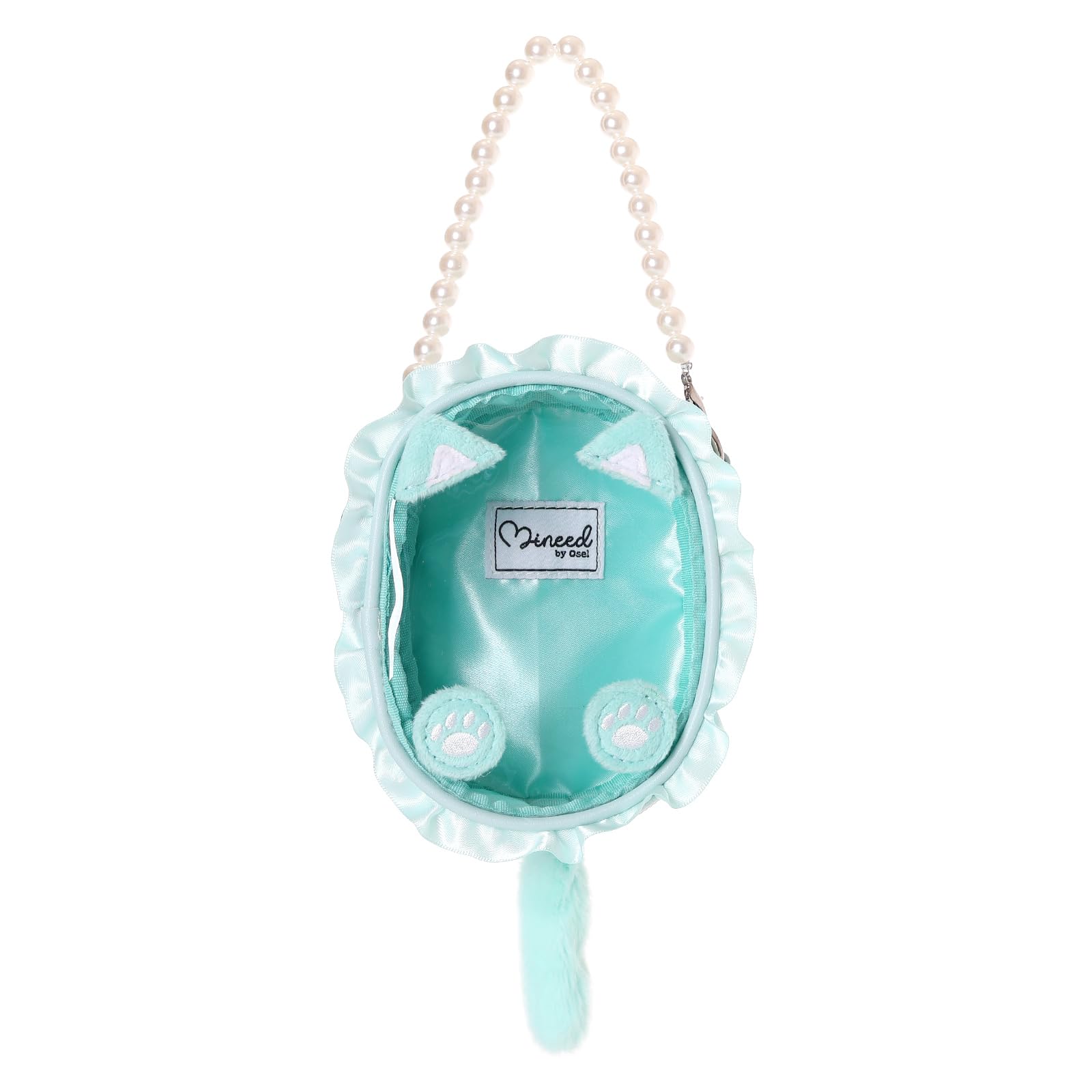 Z25721 Mineed by Osel Cat Ear Plush Pouch, Small, S Size, Pearl Strap, 5 Colors Available, 14cm x 10.5cm, Plush Toy Storage (Mint)
