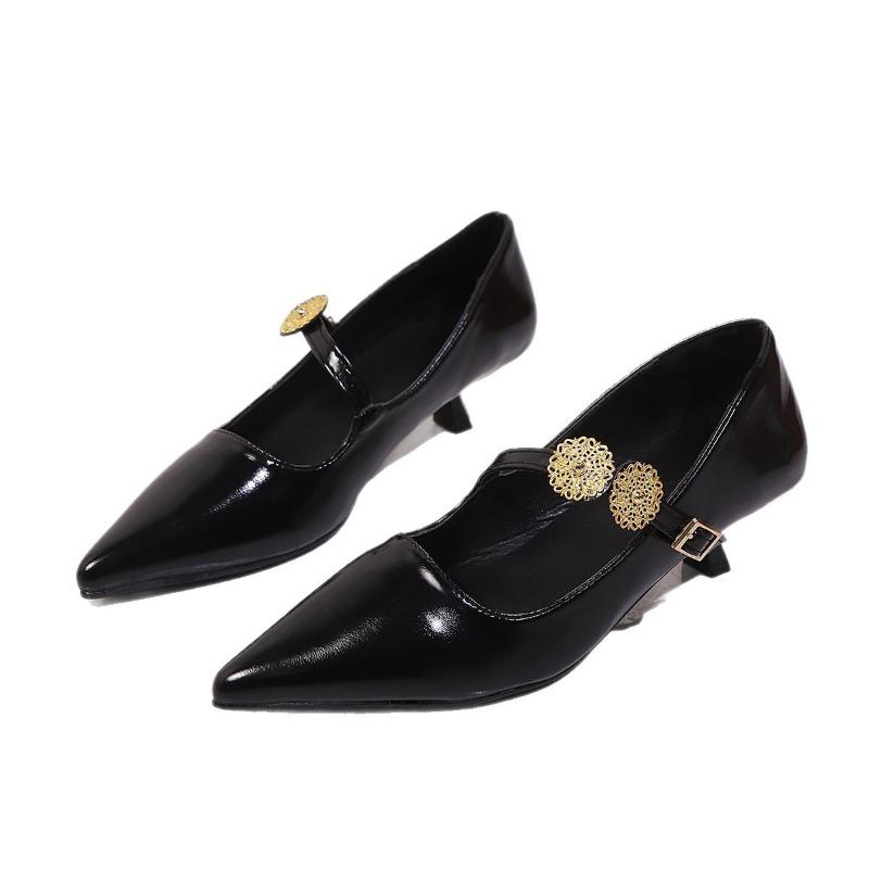 Pointed head shallow mouth single shoes women's new spring and autumn metal buckle Mary Jane shoes temperament stiletto shoes
