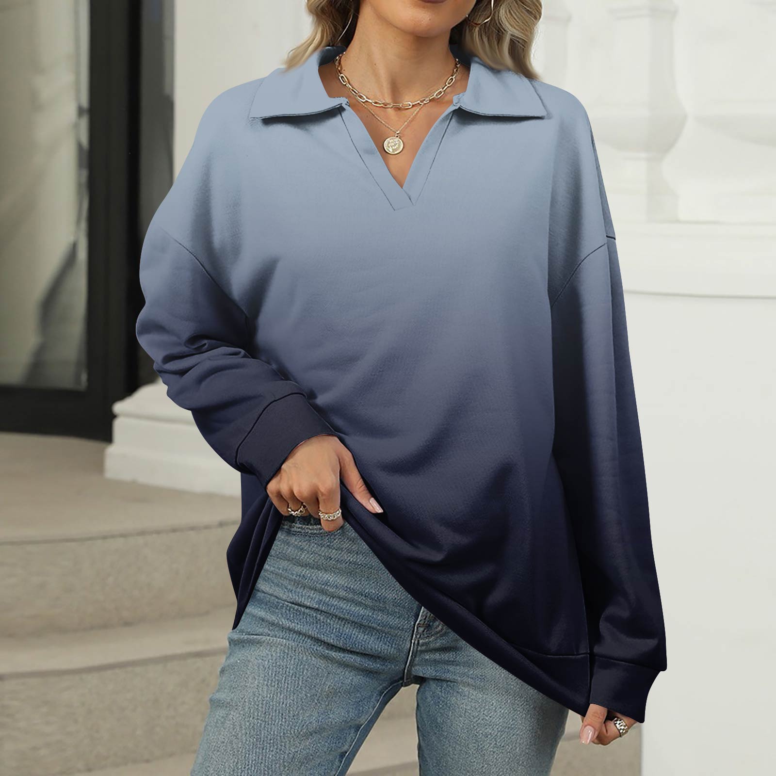 

Женская летняя модная повседневная рубашка с v-образным вырезом и длинным рукавом с принтом, топ XXL тёмно-синий