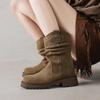 Krazing Pot Cow Suede Nubuck Winter Round Toe Western Boots Med Heels Pleated Decoration Women British School Mid-calf Boots