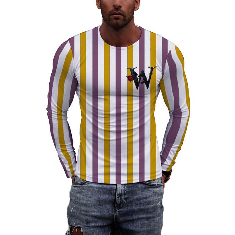 Long Sleeve Striped Men's Fashion T-Shirts Loose Casual Oversize Breathable Tops 3D Printed Letters Street Hip Hop Male Top Tee