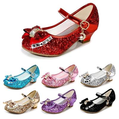 2025 Girls' Rhinestone Bow High-Heeled Leather Princess Shoes 
