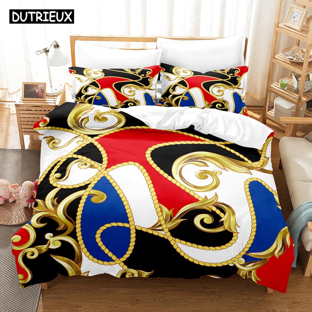 Set de lenjerie de pat cu model decorativ auriu imprimat 3D, husă de plapumă din puf cu față de pernă, dublu, single, king