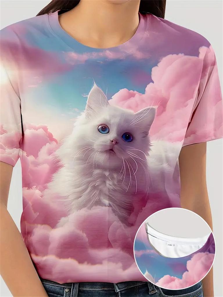 Fun Girl T-shirt Summer Short Sleeved Top Cartoon Animal Cat 3D Printing 2025 Girl Clothing