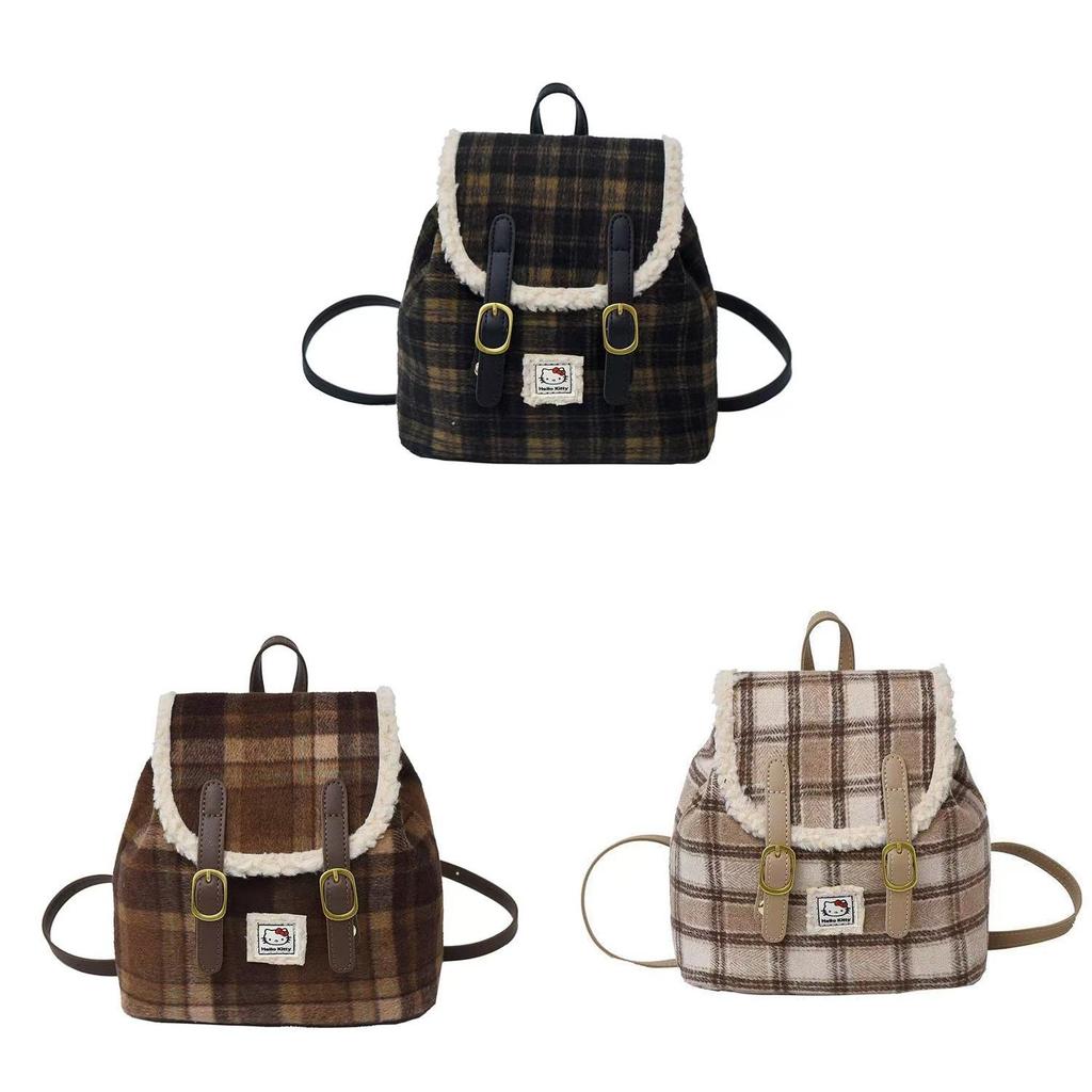 Plush Backpack With Vintage Plaid Design For Daily Use