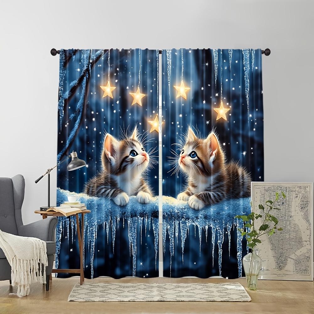 2 Pcs Starry Cats Curtains – 100% Polyester Light Filtering Modern Art Design for Bedroom Living Room Office Decor