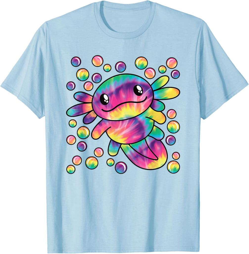 Tie Dye Axolotl Kawaii Salamander Graphic Tee Breathable Short Sleeve T-Shirt Casual for Women Men