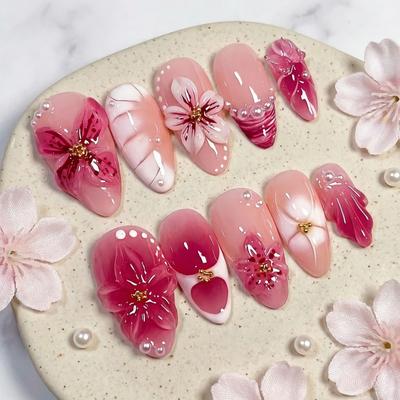 3D Flower Press-on Nails Almond-shaped Long Nail Sticker Artificial Nail Tips Women and Girls