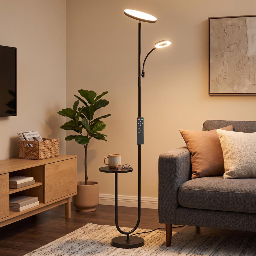 Uplighter Floor Lamp with Table and Reading Light, Dual Light Dimmable Standing Lamp with Remote & 4 Colour Temperatures