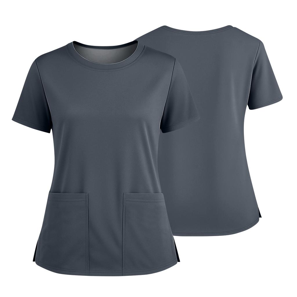 Dámská módní barevná kulatý výstřih kapsa krátký rukáv košile s rozparkem spodní lem uniforma a pracovní top