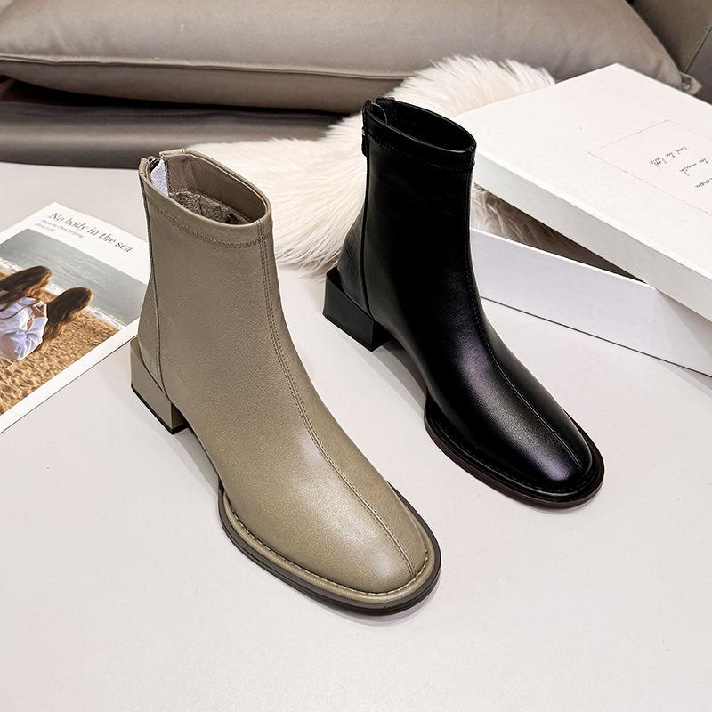 Fashion versatile French retro soft leather thick heel short boots women's 2025 autumn and winter new round head rear zipper thin boots