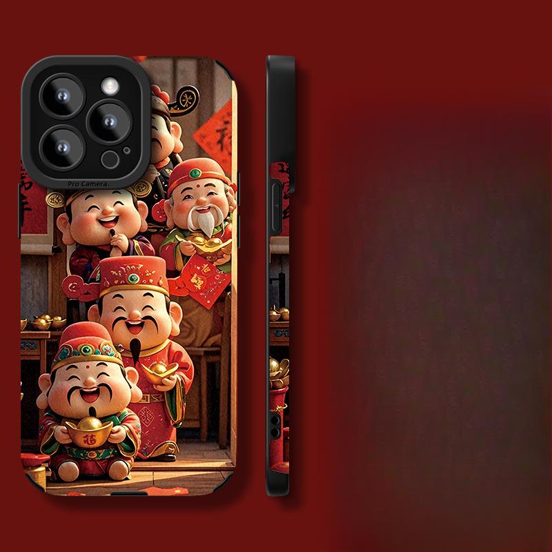 Five-way God of Wealth Bracket Uses Apple 16pro New Year Mobile Phone Case 15 Fur 14 National Trend 13/12 Anti-fall
