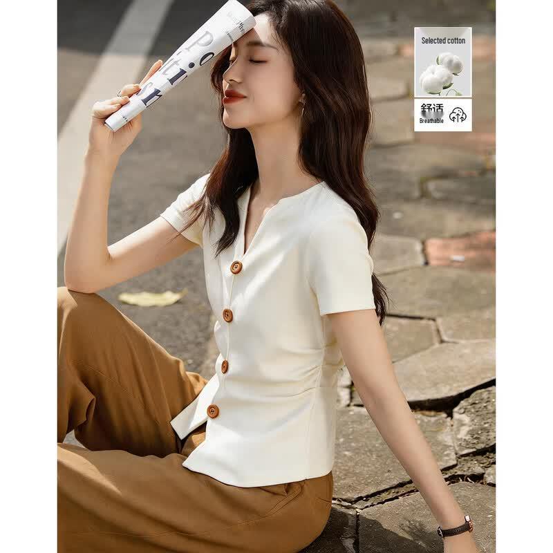 Women s V-Neck Cotton Blend Short Sleeve Tee with Side Slit XL
