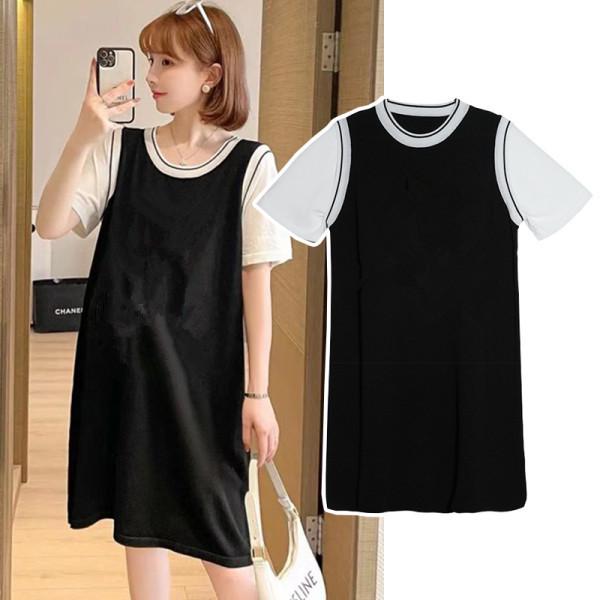 Women's Plus Size Two-Piece Style Color Block T-Shirt Dress with Tummy Coverage - Casual Summer Midi Skirt