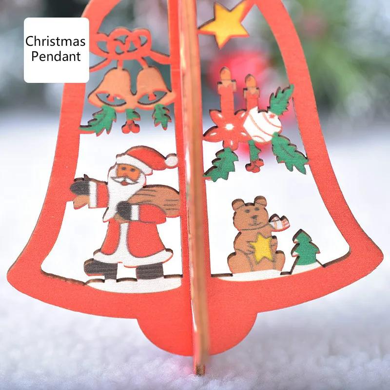 Christmas Decorations Wooden Laser Hollow Three-dimensional Snowflake Ornaments Christmas Tree Bells Pendant Gifts