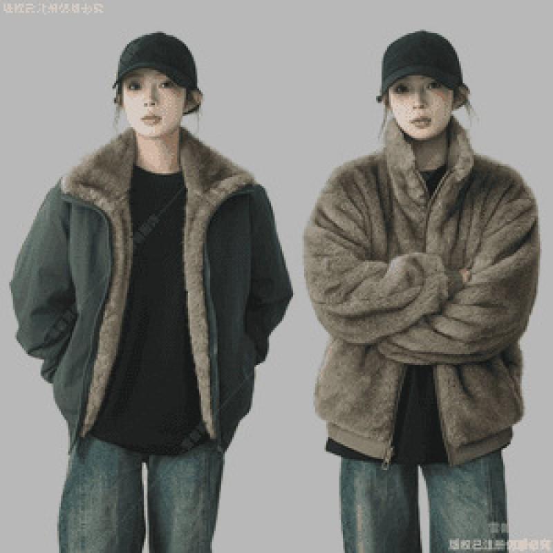 Reversible Warm Thickened Stand Collar Cotton Jacket Men Women Loose Fit Winter Outerwear In Black Gray Khaki