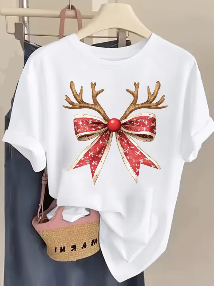 (Asian Size) lovely trend cute New Year T Shirt Christmas Clothing Women Fashion Festival Tee Top Print Woman Short Sleeve Graphic T-shirts