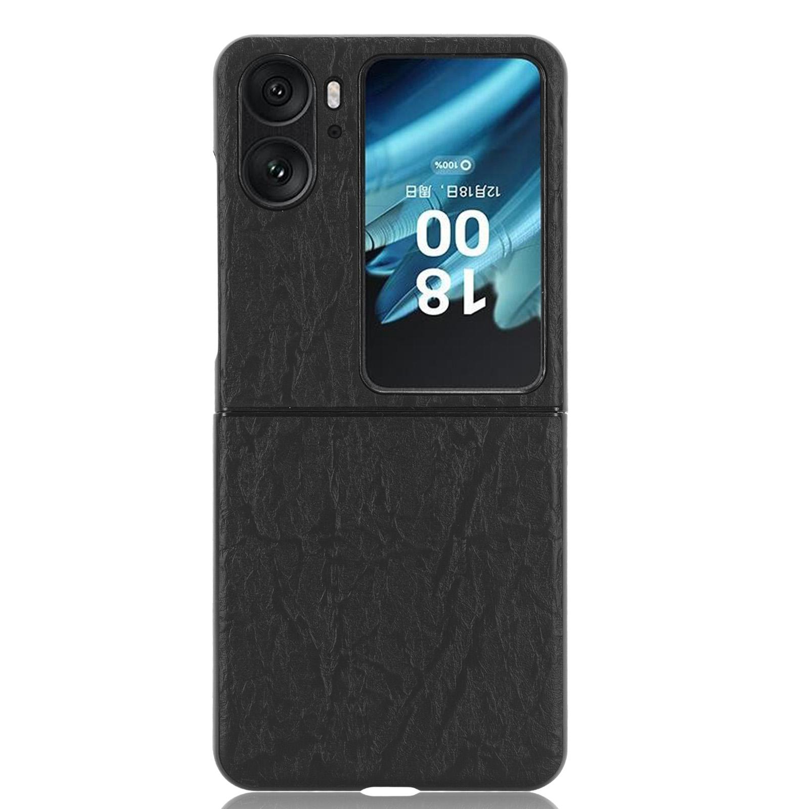 

For Oppo Find N2 Flip 5G Back Case Textured PU Leather Coated PC Phone Protective Cover Black