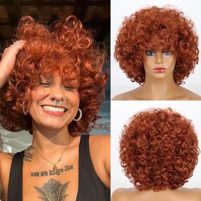 Orange Red Brown Curly Hair Wig Short Wig Afro Wig Women's Synthetic Wig 14 Inch for Everyday Wear for Parties