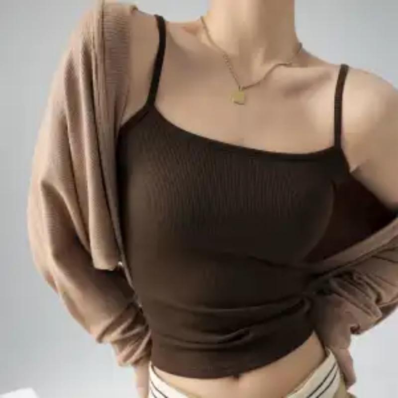 Women's Ribbed Camisole Set White Dark Grey Slim-Fit Spaghetti Strap Tops