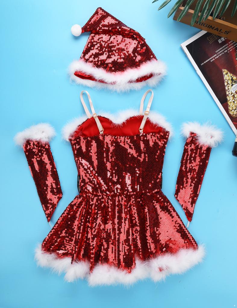 Kids Girls Santa Costume Outfit Sleeveless Sequin Tutu Dress Dance Show Fancy Dress Set for Christmas Cosplay Party