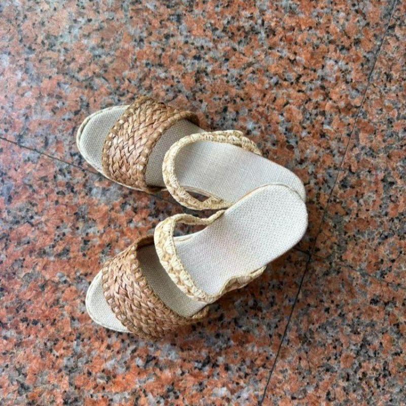 Straw Sole Wedge Slippers Summer New Round Toe Open Toe Woven Platform Anti-slip Wear-resistant Platform Shoes