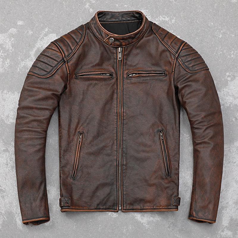Chinese Size Vintage Red Brown Real Cowhide Genuine Leather Jacket Men Motorcycle Coat Mens Biker Clothes Spring Autumn