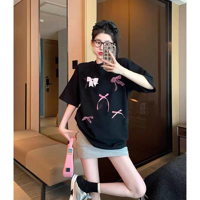Plus Size Korean Cotton Bow Print Short Sleeve T-shirt for Women - Sweet, Loose, Versatile Slimming Summer Top