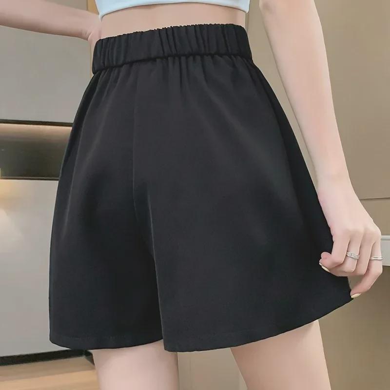 Large Black High-Waist Pleated A-Line Wide-Leg Shorts for Women