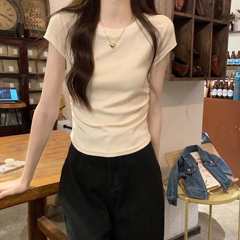 Round Neck Short-sleeved T-shirt for Women, Slim New Style, Waist Tight, Korean Style Design, Unique Right Shoulder Top for Niche Hot Girls