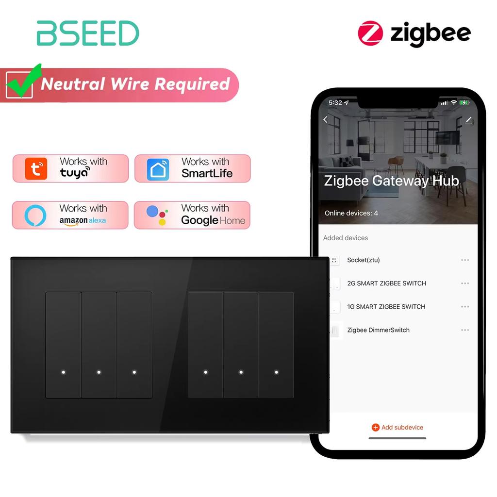 BSEED Zigbee 1/2/3Gang Smart Click Light Switches 1/2/3Way Tuya Smart Life Alexa Compatible Plus EU Power Sockets Glass Panels
