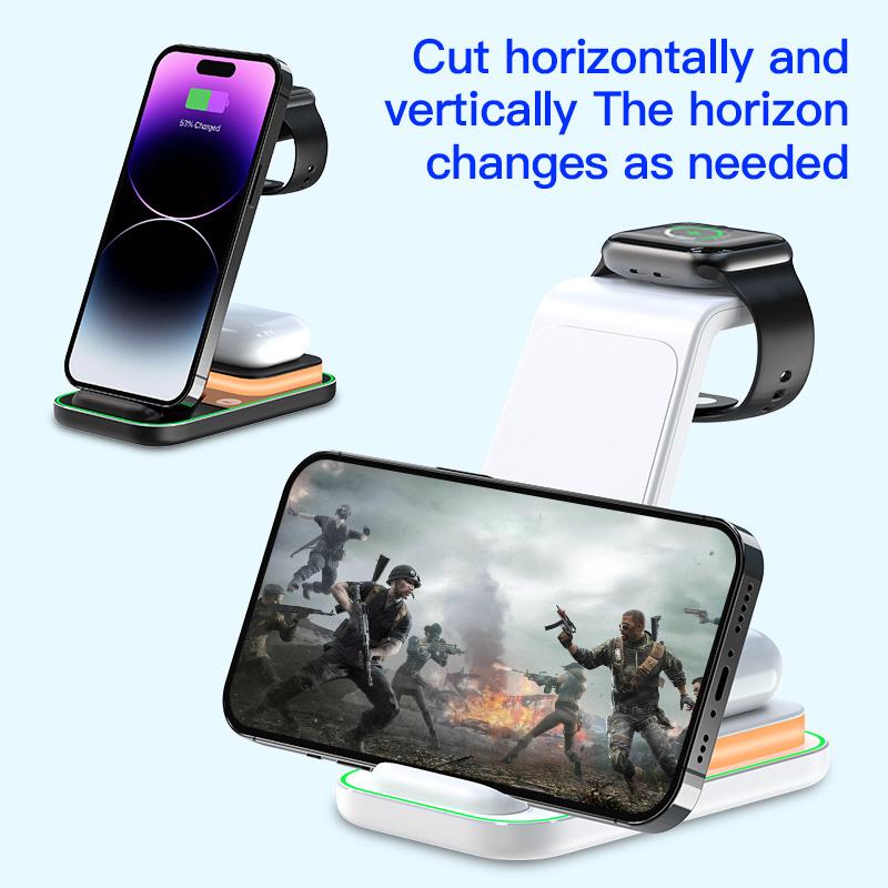 YF-A6 3 în 1 15W Încărcător Wireless cu Bobină Dublă cu Lumină de Noapte pentru iPhone/Apple Watch/Suport de Încărcare AirPods