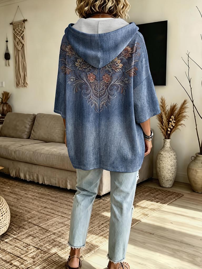 Printed retro ethnic floral hooded sweatshirt, European and American large size women's three-quarter sleeve loose shoulder hoodie