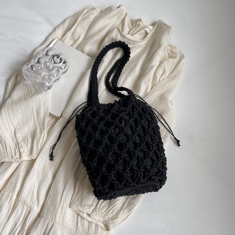 

Летняя пляжная сумка для женщин, сетчатая веревочная вязаная сумка-ведро на плечо, сетчатые полые дорожные сумки-шопперы, женские модные сумки 25*12*20cm чёрный