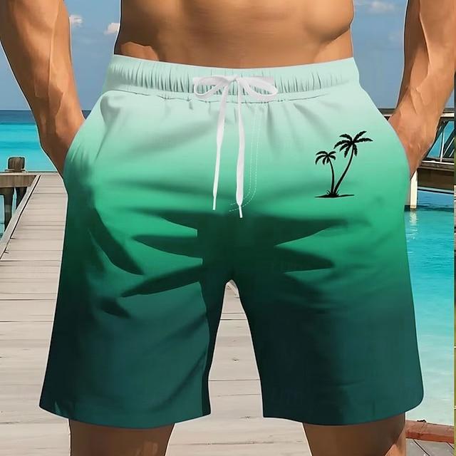 Men's Gradient Purple Palm Tree Print Beach Shorts Minimalist Tropical Graphic Quick Dry Swim Trunks Summer Swim Shorts