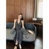New Retro Plaid Slim Design Dress Retro Plaid Neck Temperament Suspender Long Skirt Trendy