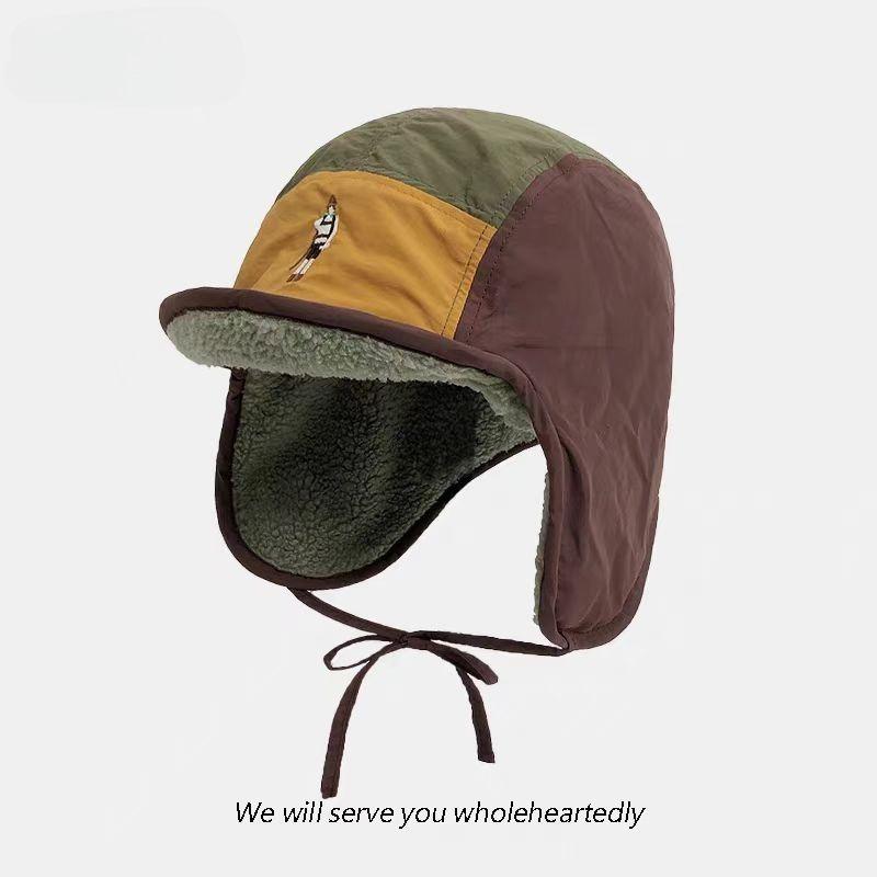 Japanese Style 5-Panel Bomber Hats Men Women Autumn Winter Fleece Ear Protection Baseball Cap Color Matching Warm Ski Pilot Hat