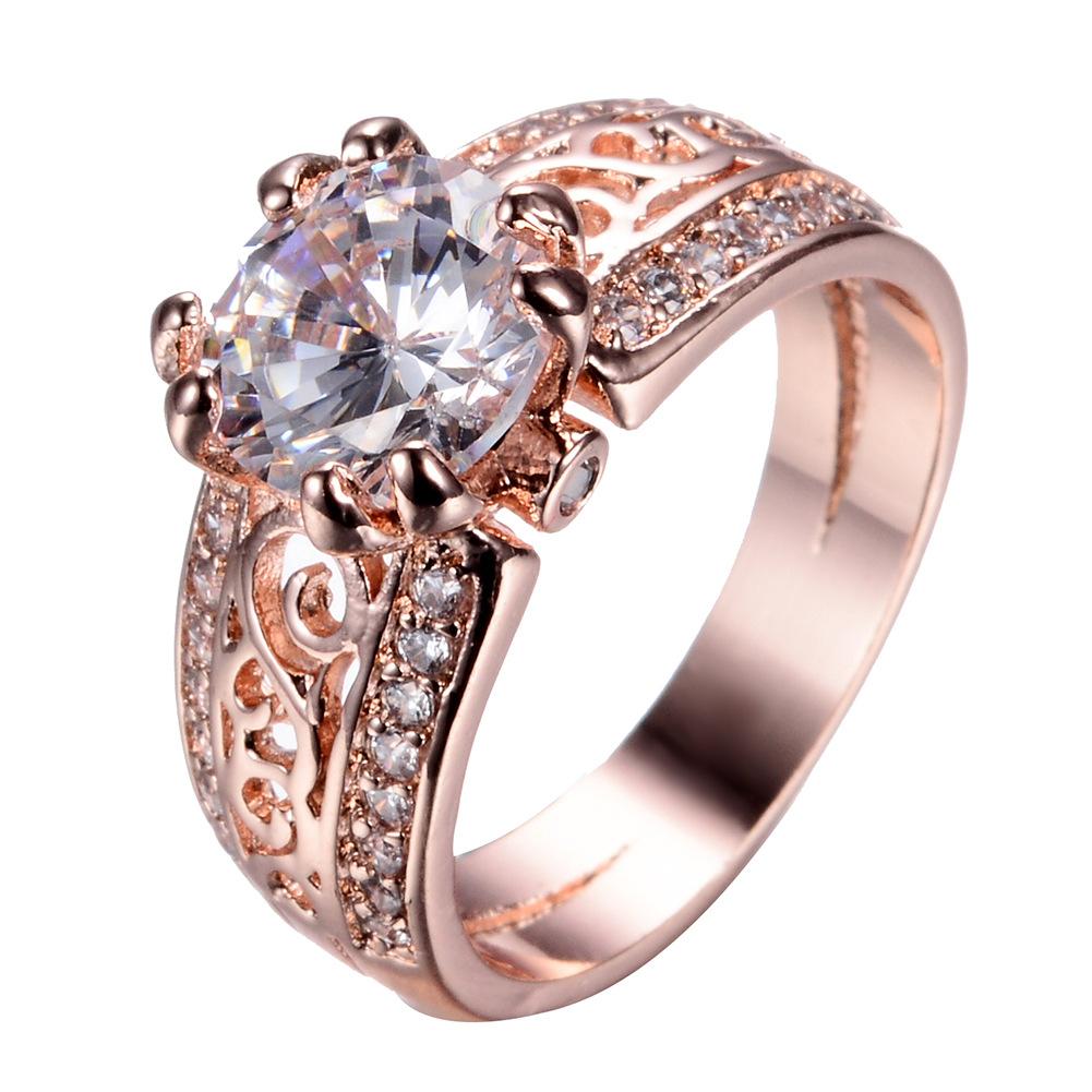 Retro Rose Gold Double Claw Round Diamond Edge White Diamond Ring Female Personalized Small Jewelry