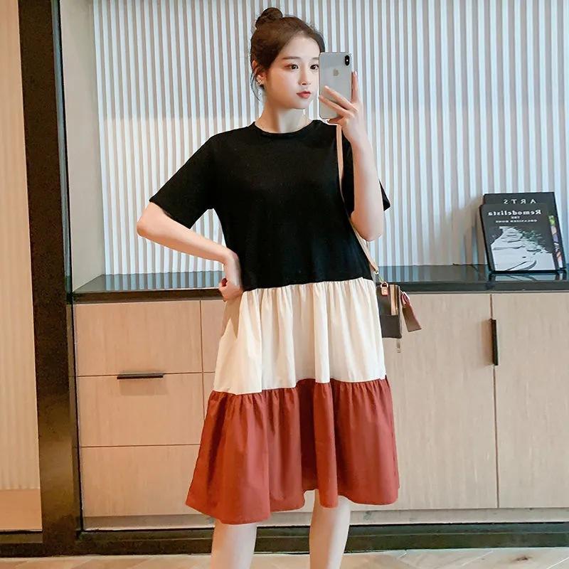 Korean Version of T-shirt Dress Splicing Contrasting Color Schoolgirl Loose Large Size Fashion Foreign Style Medium and Long Knee Skirt Summer