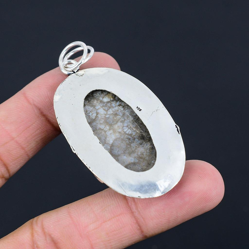 Sterling Silver Fossil Coral Stone Boho Wedding Anniversary Unique Bezel Pendant