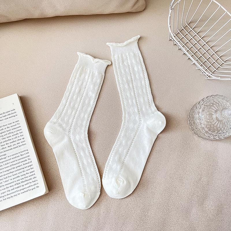 Women's Summer Thin Ballet Breathable Boneless White Medium Tube Stack Socks