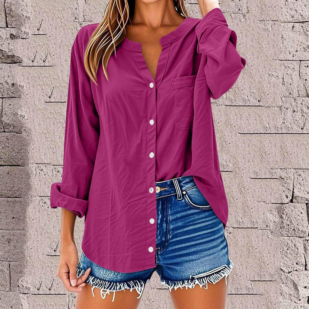 Women's Fashion Casual Solid Color T-Shirt Cotton Linen Long Sleeve Cardigan Loose Top
