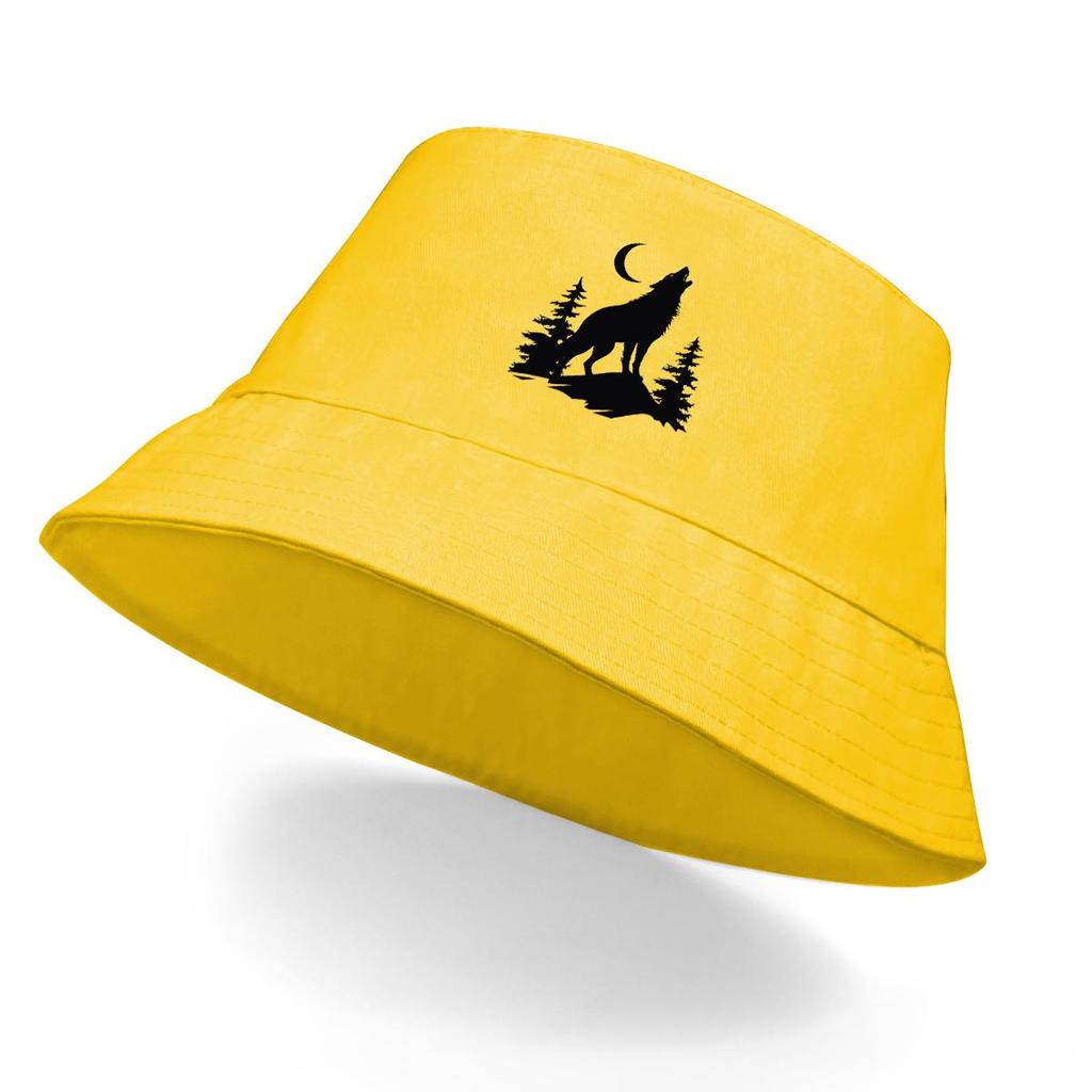 Svart Varg och Måne Tryck Bucket Hat , Skogsdjur Herrkeps Vikbar Godisfärg Mode Bassänghatt