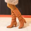 Fashion Elegant Cream White Faux Suede Knee Boot Woman Point Toe Block Heel Pull-on Long Booties Ladies Autumn Pleated Design High Botas