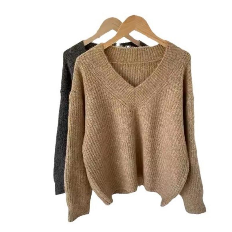 Women's V-neck Pullover Sweater Women's Loose Fitting Autumn and Winter Korean Style New Retro Knit Sweater