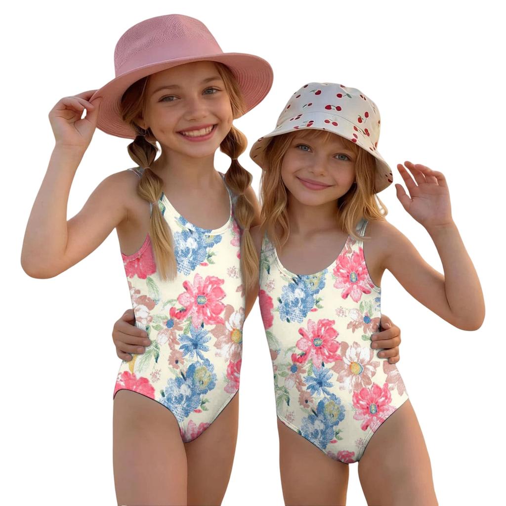 Girls Floral Print One Piece Swimsuit Summer Casual Kids Swimwear Lightweight Comfortable Fabric Suitable for Beach Pool Water Activities