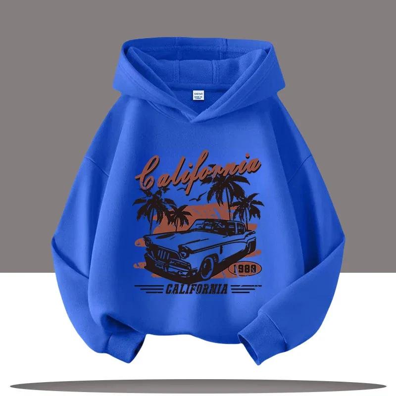 New Hip-hop Style Retro Car Cartoon Printed Children's Hooded Sweatshirt, Autumn and Winter Casual Top, Comfortable Clothing
